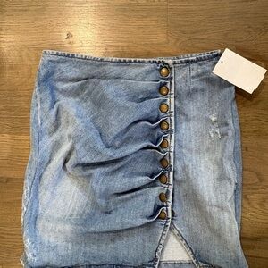 Retrofete Blue Ruched Denim Mini Skirt with Brass Buttons